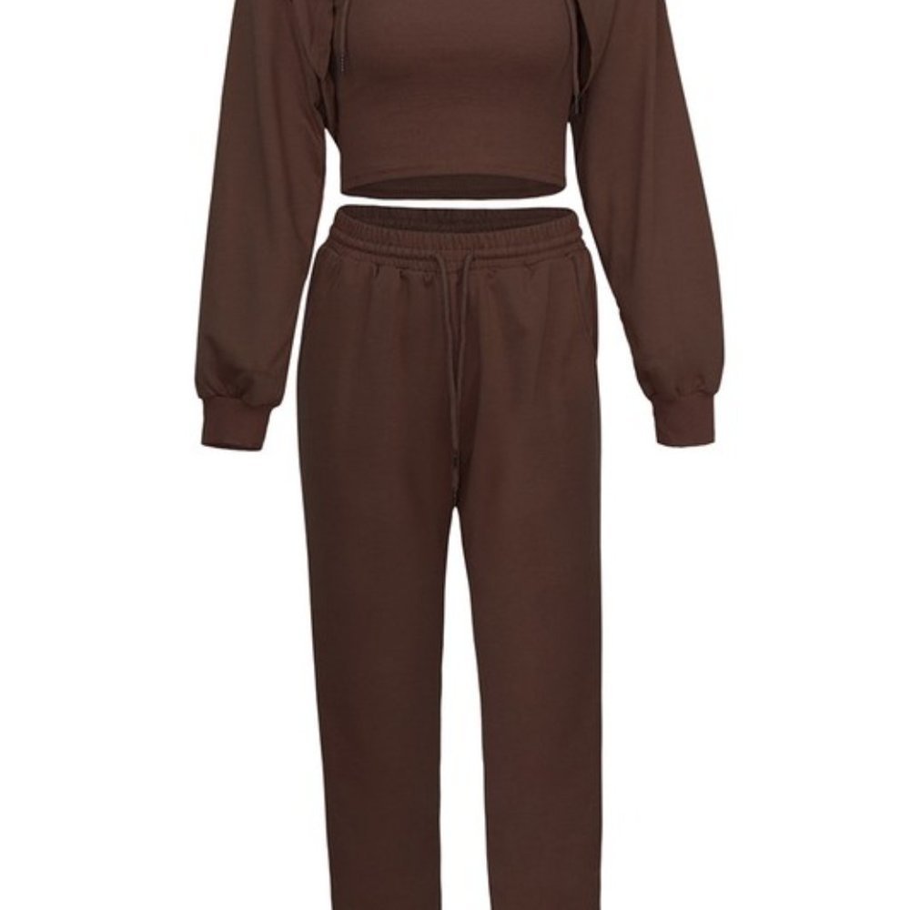 BROWN Super Cute Sexy Hoodie Loose Vest and Pants Set - Picture 3 of 3